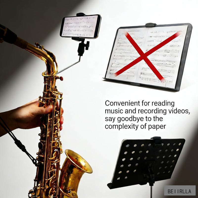 BEIIRLLA Alto Saxophone Lyre Phone Holder, 360°Adjustable Music Stand Mount for Alto,Tenor&Bari Sax,3.5-Inch Max Opening, Marching Band,fit 4mm*4mm Square Socket with Storage Bag - Image 4